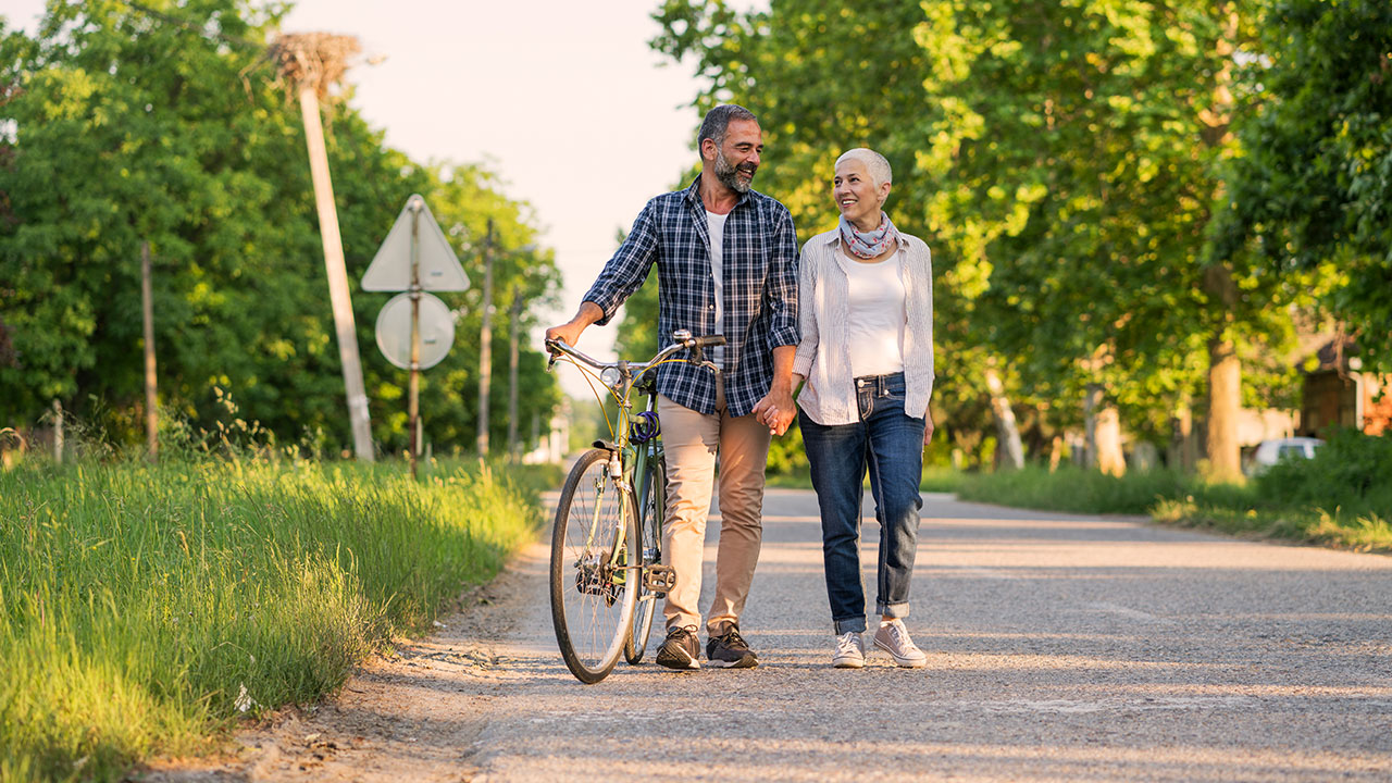 Retirees walking on the road